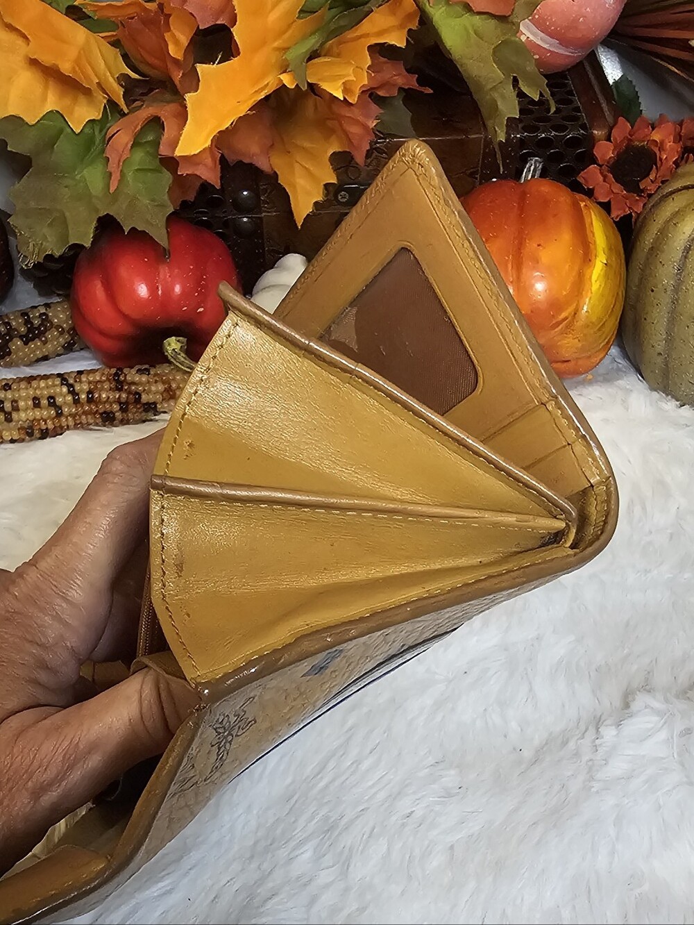 MCM Cognac Logo Wallet with Light Blue and White Stripe - Picture 15 of 16
